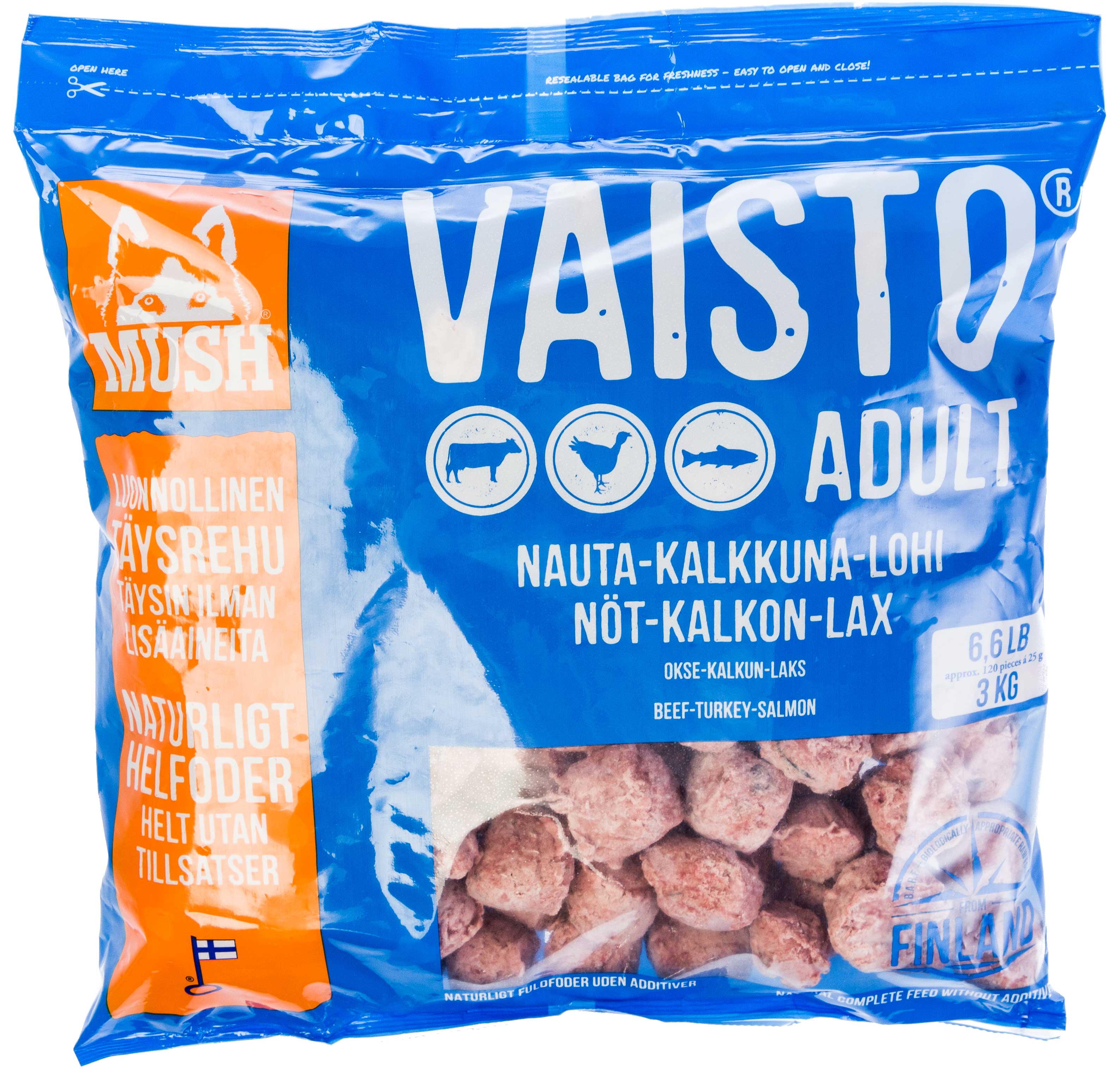 MUSH Vaisto® BARF Fuldfoder Okse Kalkun Laks Blå